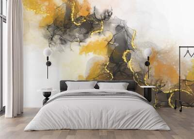 Abstract grey art with gold — black and white background with beautiful smudges and stains made with alcohol ink and golden paint. Marble ink abstract art. Wall mural