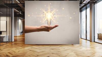 businesswoman protect light bulb, Creative new idea. Innovation, brainstorming, inspiration and solution concepts. Wall mural