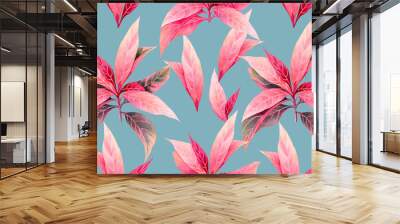 Watercolor painting colorful tropical leaf,pink leaves seamless pattern background.Watercolor hand drawn illustration tropical exotic leaf prints for wallpaper,textile Hawaii aloha summer style.. Wall mural