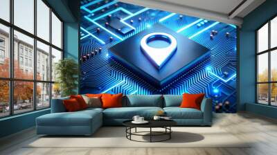 Glowing Location Pin on a Circuit Board - Digital Navigation Concept Wall mural