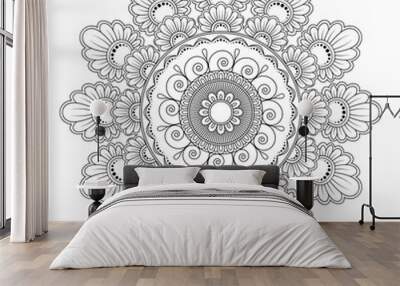 Monochrome ethnic mandala design. Anti-stress coloring page for adults. Hand drawn vector illustration Wall mural