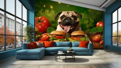 Cute, funny and happy dog with hamburgers, surrounded by vegetables. Green background. Fast food concept. Wall mural