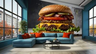 Gourmet Bacon Cheeseburger with Pickles, Tomatoes, and Lettuce Wall mural