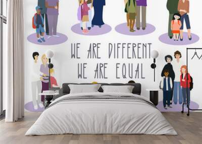 Multi-ethnic group of people. Diversity families. All people equal concept. Men and women portrait. Disabled child. Girl in a wheelchair. Isolated vector illustration on white background Wall mural