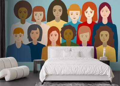 Multi ethnic group of women portrait. Different  girls stand side by side together Sisterhood and females friendship. Copy  space Vector illustration on blue background Wall mural