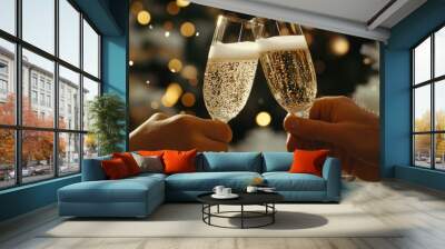 Close-up of a couple clinking champagne glasses with sparkling bubbles, capturing the celebratory atmosphere of New Years Eve Wall mural