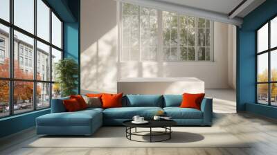 White box mockup in a modern living room with large windows and soft nature light pouring in Wall mural