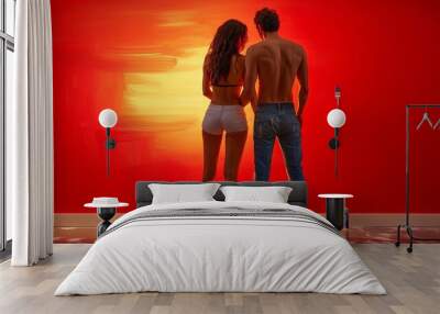 Young Couple Painting a Vibrant Red Wall Together Wall mural