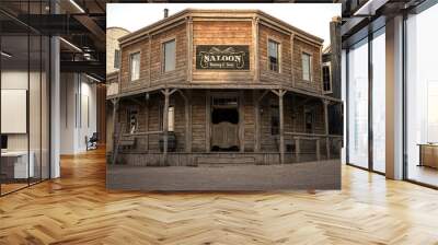 3D illustration rendering of an empty street in an old wild west town with wooden buildings. Wall mural