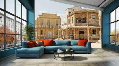 3D illustration rendering of an empty street in an old wild west town with wooden buildings. Wall mural