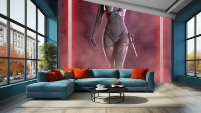 3d illustration. Girl warrior with katana in the smoke in the neon lights. Wall mural