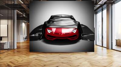 presentation car under black cloth on white background. 3d rendering Wall mural