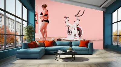 young fat girl looks at herself in the mirror and sees herself slender. 3d illustration render Wall mural