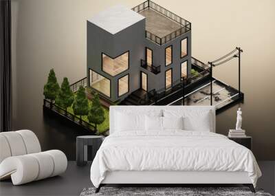 3D Rendering Brick House In Isometric View Exterior Background Wall mural