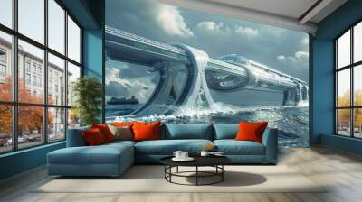 An advanced sea bridge of the future includes underwater support columns and a retractable design Wall mural