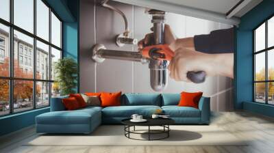 plumber at work in a bathroom, plumbing repair service , fix water plumbing leaks, replace the kitchen sink drain Wall mural