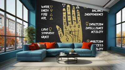 Palmistry, chiromancy - gold hand on a blackboard background. Wall mural