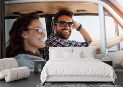 Couple, road trip and car for vacation and window, summer and adventure for explore together. Smile, sunglasses and love in countryside in transport, vehicle and sunshine for man and female people Wall mural