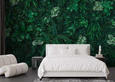 Full Frame of Green Leaves Pattern Background, Nature Lush Foliage Leaf Texture, tropical leaf Wall mural