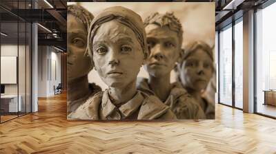 Craft a clay sculpture scene featuring young people at eye level, each figure expressing a different emotion or activity Use texture and realism to bring the characters to life, Traditional Art Medium Wall mural