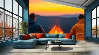 Campers sitting around a bonfire, soft warm light reflecting on their faces, with the backdrop of a glowing sunset in a tranquil forest setting, campers, natural lighting Wall mural