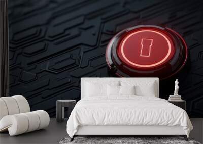 Futuristic red button with a key symbol, placed on a textured dark surface, emphasizing high-tech security and innovation. Wall mural