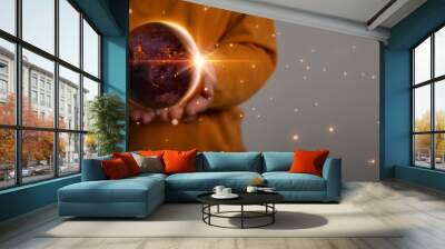 Earth at night light. holding in the human hands. Saving energy to save the world concept. Saving to  humanity,  Energy saving concept, Earth day concept, Elements of this image by NASA Wall mural