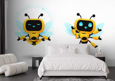 Set of cute bee robot ai character in yoga meditation and happy pose Wall mural