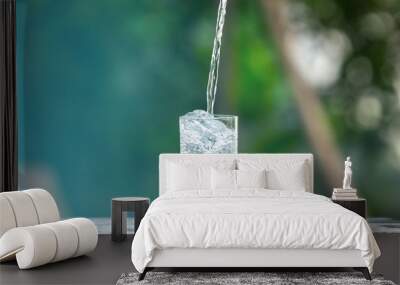 Drink water pouring in to glass over sunlight and natural green background.Select focus blurred background. Wall mural