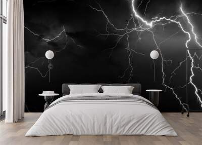 Panorama Dark cloud at evening sky with thunder bolt. Heavy storm bringing thunder, lightnings and rain in summer.Black and white thunderbolt background. Wall mural