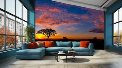 Panorama silhouette tree in africa with sunset.Tree silhouetted against a setting sun.Lovely sunset in Kalahari with dead tree and bright colours.Sunset in Africa, savanna landscape Wall mural