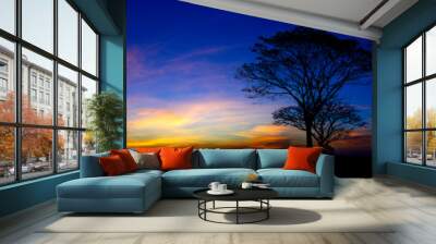 Panorama Tree silhouette with purple and blue sky in against sunset background. Wall mural