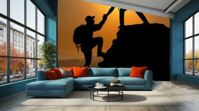 Two backpack Man  adventure travel concept.Help and assistance concept silhouette of two people climbing a mountain and helping Wall mural