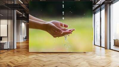 Water pouring in woman hand on nature background environment issues.Health care concept. Wall mural