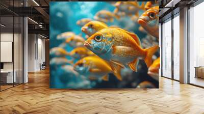 A group of synchronized fish swimming in a mesmerizing pattern, highlighting the beauty of underwater movement. Wall mural