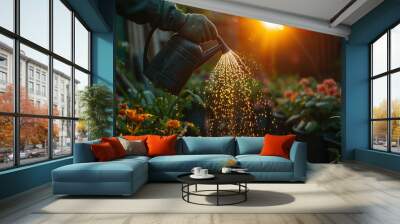 A silhouette of a person watering the garden during sunset, with the water droplets catching the golden light. Wall mural