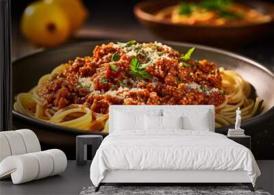 Closeup shot of a Pasta with bolognaise. Food Wallpaper. Generative Ai. Wall mural