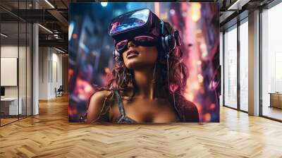 Smiling woman with fashion sunglasses enjoying the cyber space city neon light .future virtual reality concept. Wall mural