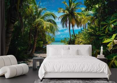 A beautiful exotic beach with palm trees, white sand and blue. Wall mural