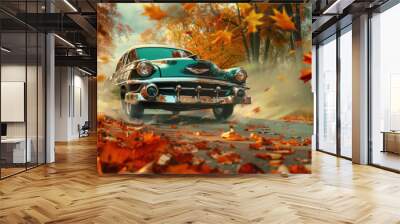 A classic vintage car driving through a leafy autumn road, with colorful leaves falling around, the car chrome details reflecting the vibrant scenery Wall mural