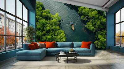 A small boat navigating through a narrow, hidden waterway in a mangrove forest, with dense greenery and wildlife all around, offering a unique, off-the-beaten-path experience Wall mural