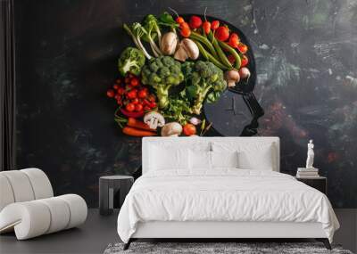 a woman's silhouette with a variety of vegetables like broccoli, carrots, and mushrooms arranged in the form of a brain, illustrating the concept of 'food for thought' and its impact on mental health. Wall mural