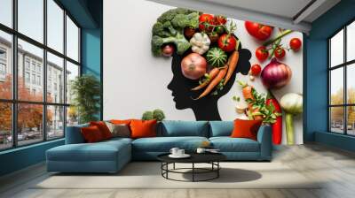 a woman's silhouette with a variety of vegetables like broccoli, carrots, and mushrooms arranged in the form of a brain, illustrating the concept of 'food for thought' and its impact on mental health. Wall mural