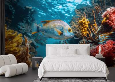 Beautiful underwater shot of a sea bream swimming near coral formations, providing a glimpse into the vibrant and diverse marine life. Wall mural