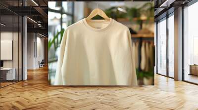 Blank ivory sweatshirt hanging on hanger on horizontal rack in cozy clothing store. Mock up template for sweatshirt design, print area for logo or design. Wall mural