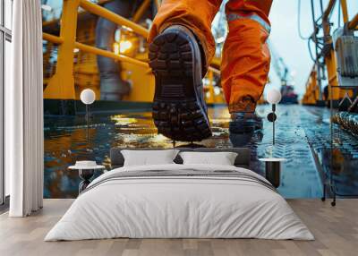 Close up of Offshore oil rig worker walks to an oil and gas facility to work in the process. Wall mural