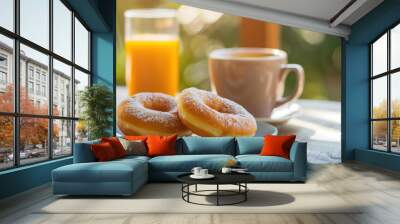 Donut breakfast with coffee and orange juice on a table Wall mural