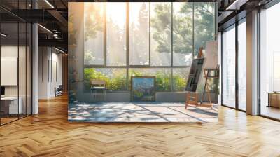 Modern studio interior, showcasing an artist's workplace with a foldable wooden easel positioned near a big, sunlit window Wall mural