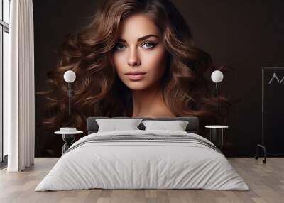 photography of Beauty brunette girl with long shiny curly hair . Beautiful smiling woman model wavy hairstyle . Cosmetology, cosmetics and make-up. Wall mural