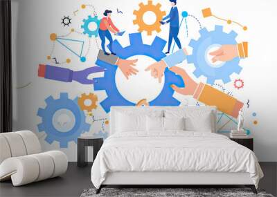 Settings, gear icon and teamwork with business people or team together for collaboration and synergy with cog wheel strategy. Office group hands for problem solving, innovation and development. Wall mural